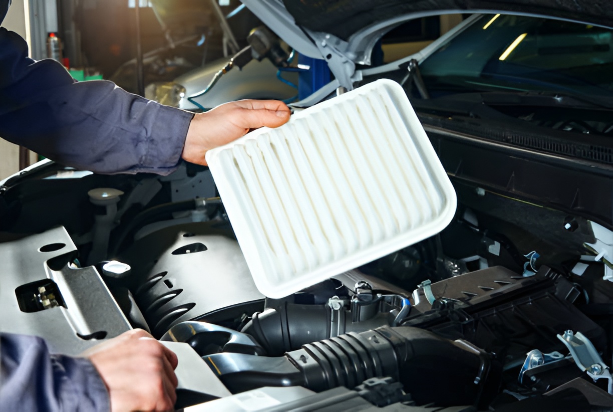 mechanic holding a new car air filter