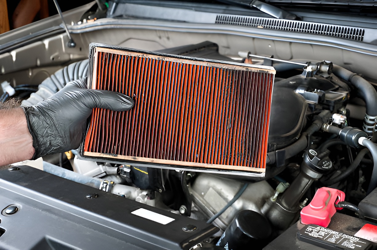 close-up of a man holding a dirty car air filter
